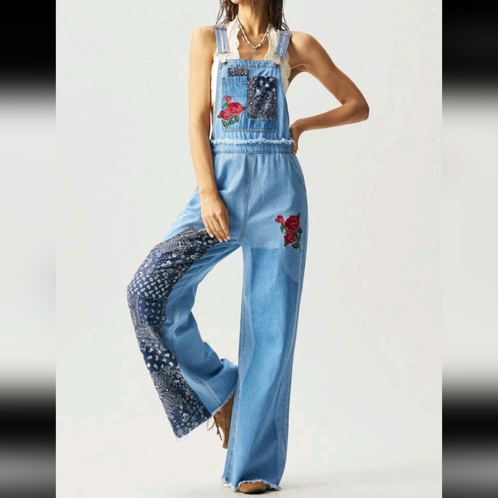 Women's Blue Denim Overalls with Floral Accents